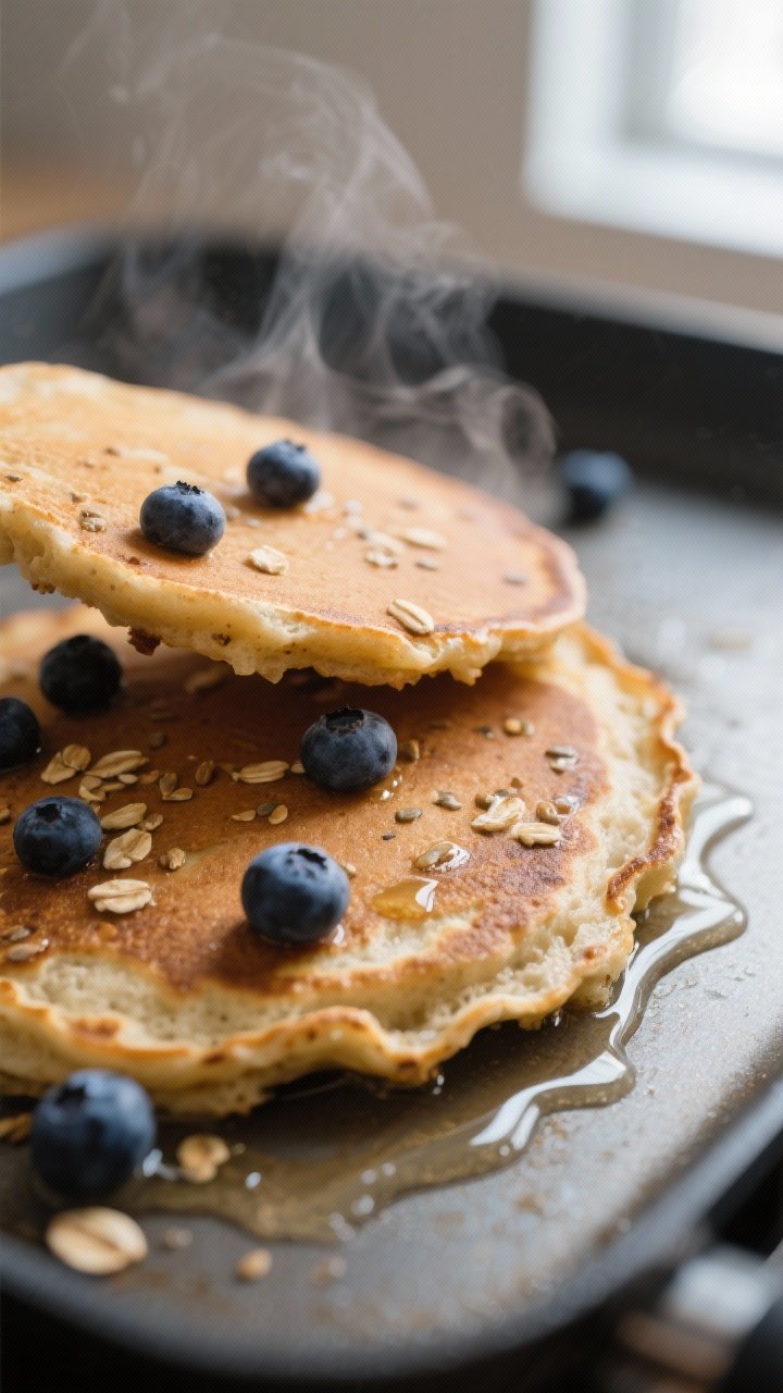 Close-up detail: A golden-brown whole grain pancake just after flipping on a nonstick griddle, blueb
