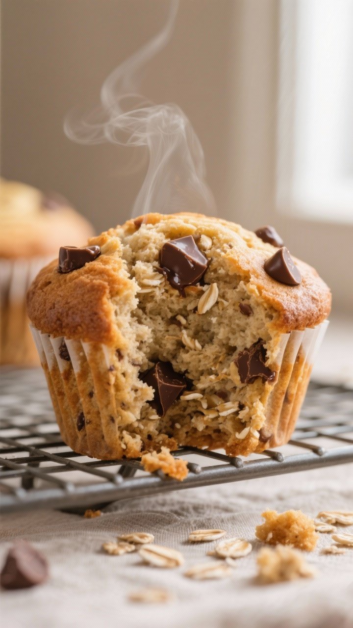 Close-up detail: A just-baked banana chocolate chip oat bran muffin torn open on a cooling rack, sho
