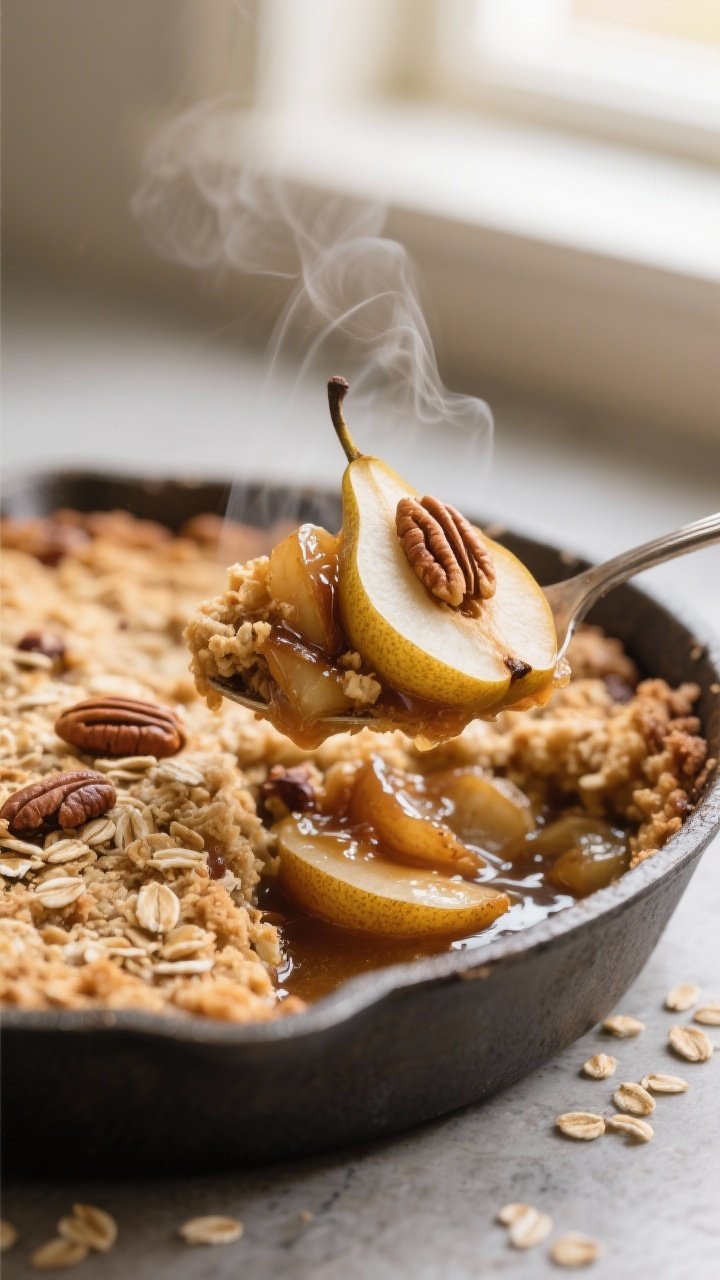 Close-up detail: A just-baked pear crisp scooped from the pan, showing jammy cinnamon-spiced pear sl