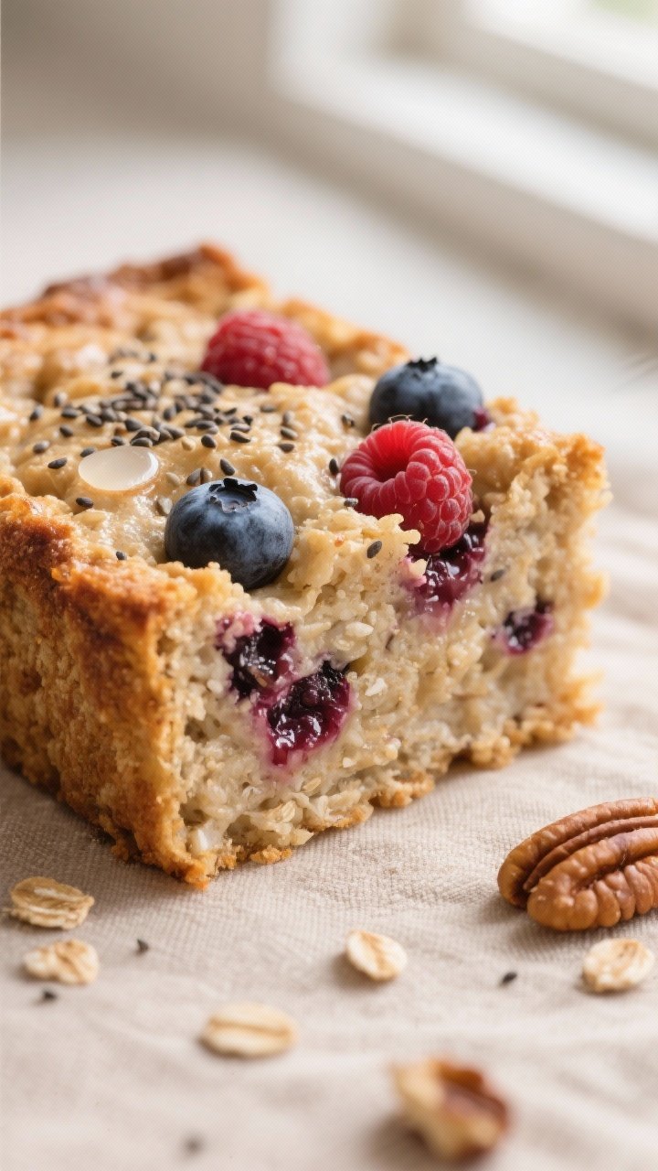 Close-up detail: A just-baked square of oven-baked oatmeal with berries and chia seeds, edges lightl