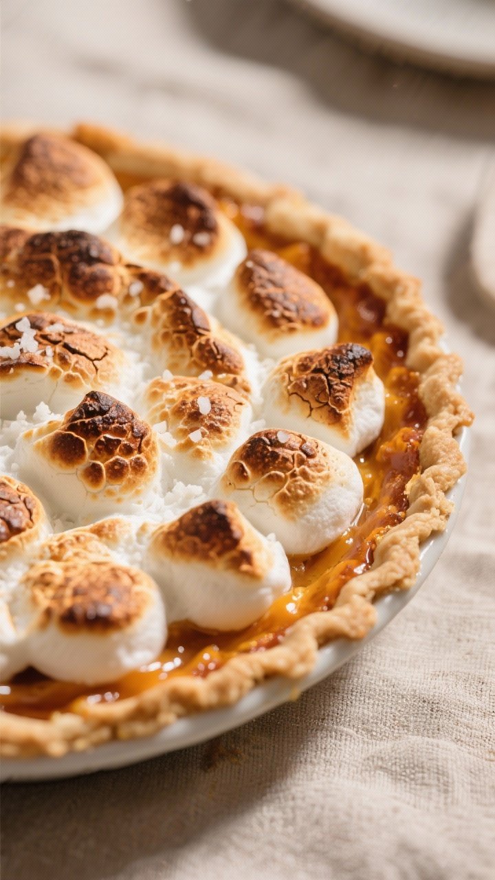 Close-up detail: A just-broiled marshmallow topping on sweet potato pie, showing a bronzed, crackly