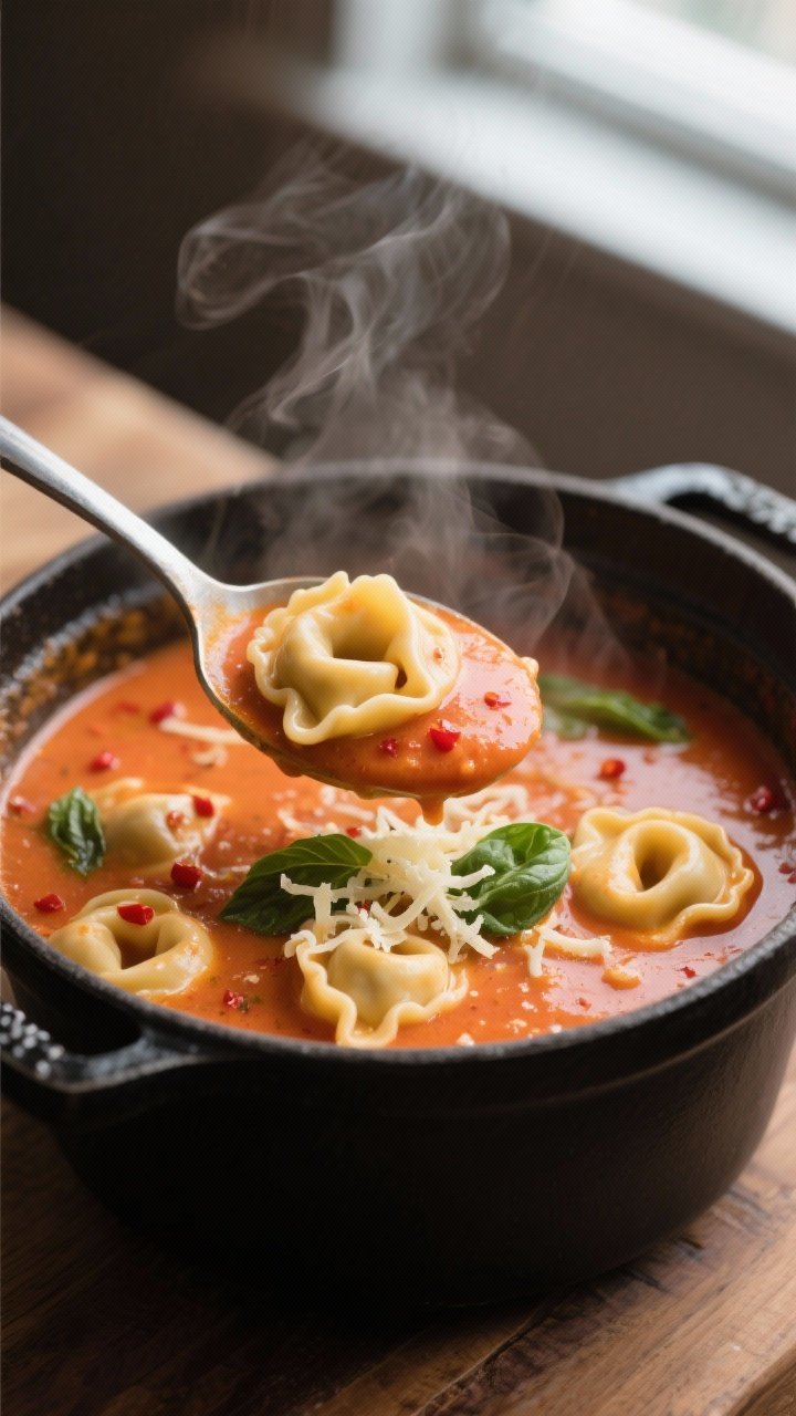 Close-up detail: A ladle lifting creamy tomato basil tortellini soup from a simmering pot, showing p