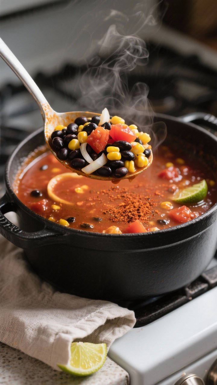 Close-up detail: A ladle lifting simmering Black Bean and Corn Taco Soup from a matte-black Dutch ov