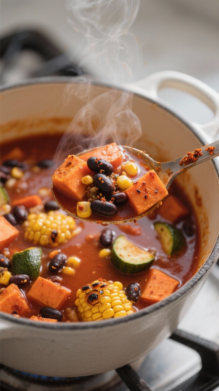 Close-up detail: A ladle lifting smoky Southwest vegetable soup from a Dutch oven, capturing glossy 