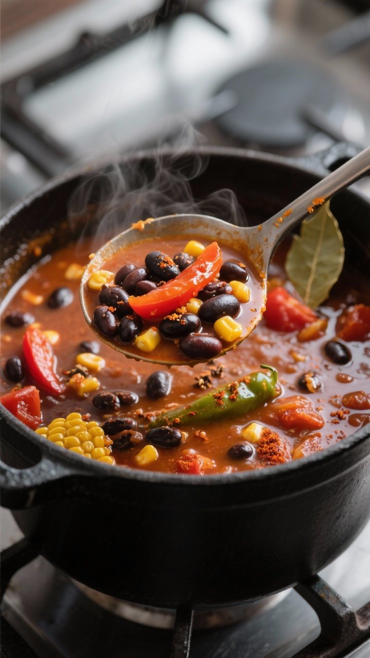 Close-up detail: A ladle lifting Three-Bean Chili Soup from a matte-black Dutch oven mid-simmer, sho