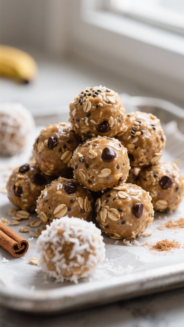 Close-up detail: A mound of Banana Almond Butter Energy Bites just after rolling, showing glossy, ch