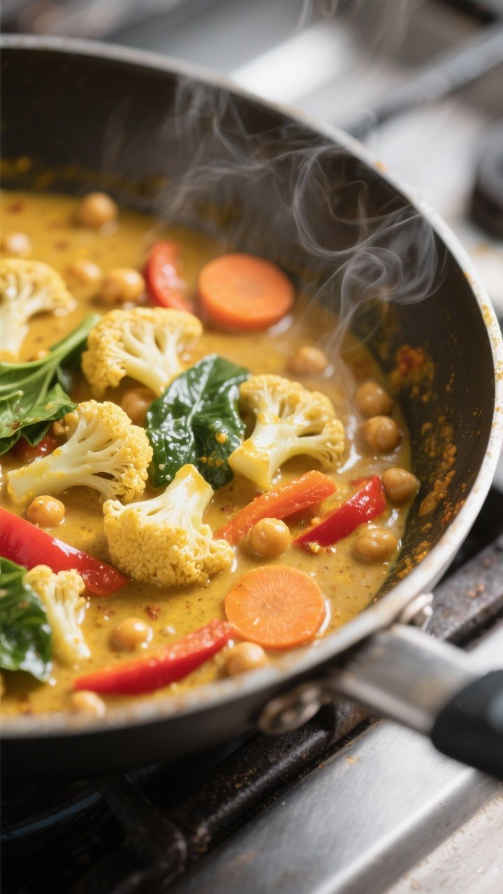 Close-up detail: A shallow-depth-of-field macro shot of the vegetable curry simmering in a wide skil