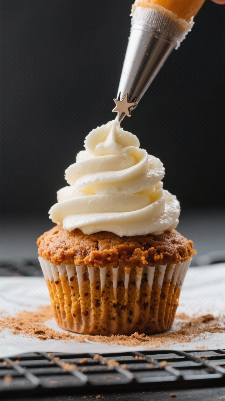 Close-up detail: A single baked pumpkin spice cupcake being frosted mid-swish with a large open star