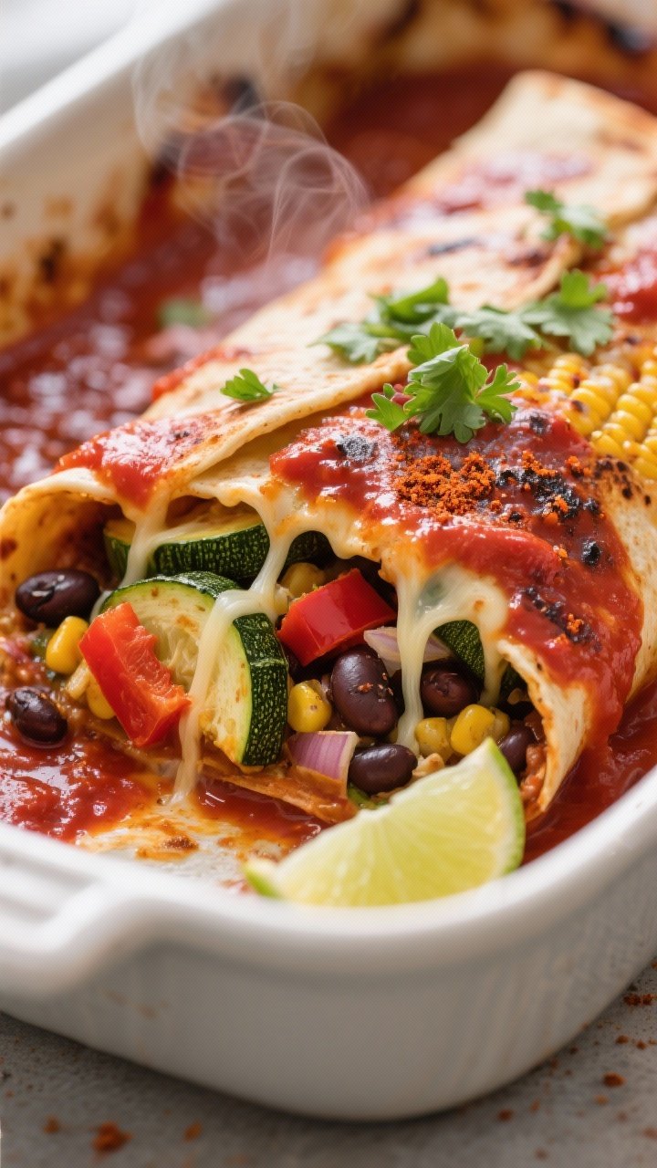 Close-up detail: A sliced-open zucchini and bean enchilada fresh from the oven, showing glossy red e
