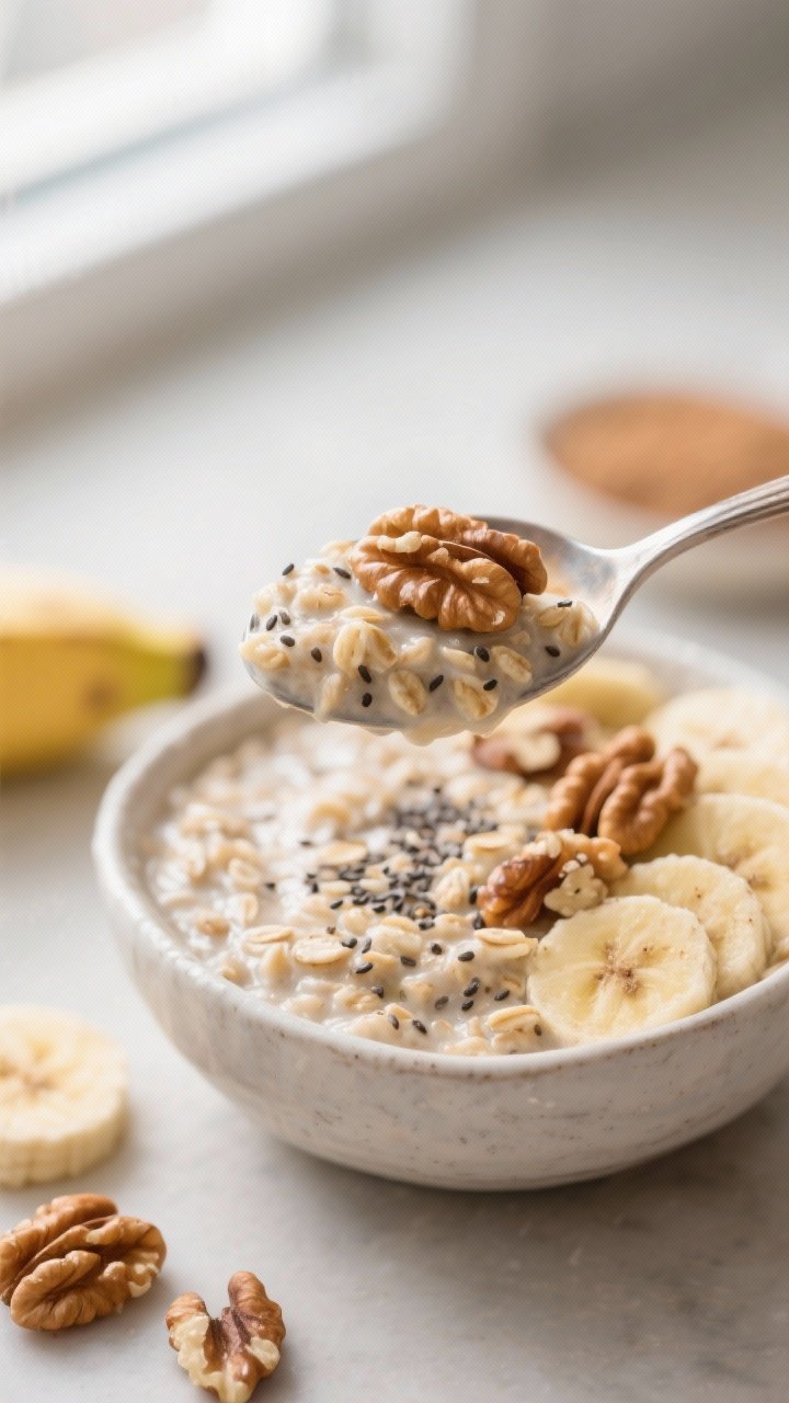 Close-up detail: A spoon scooping into thick, creamy Banana Bread Overnight Oats just out of the fri