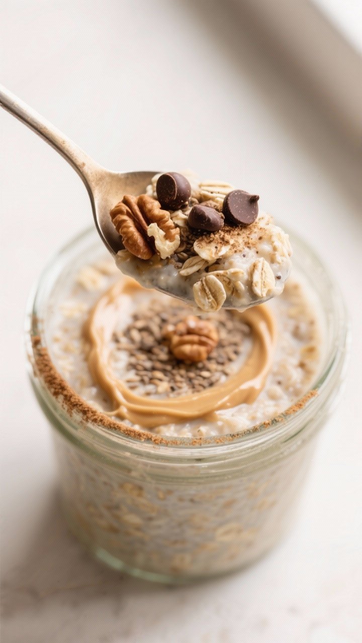 Close-up detail: A spoonful of banana almond butter overnight oats lifted from a glass jar, showing 
