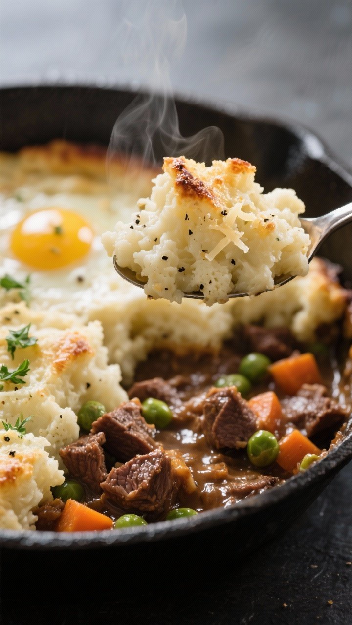 Close-up detail: A spoonful of the baked cauliflower mash topping being lifted from the Shepherd’s
