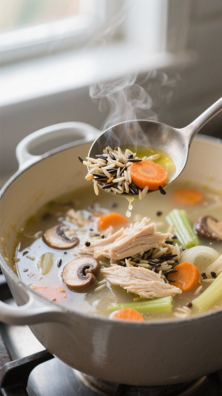 Close-up detail: A steaming ladle lifting Light Chicken and Wild Rice Soup from a Dutch oven, showin