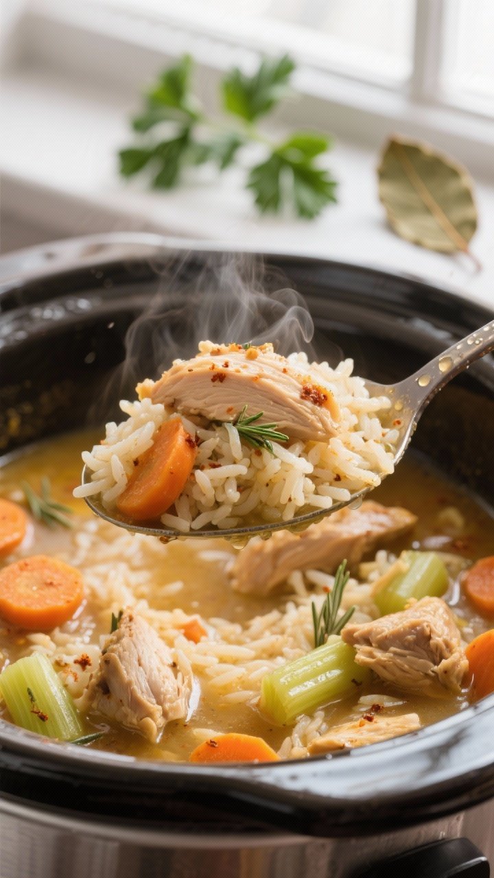 Close-up detail: A steaming spoonful of slow cooker chicken and rice stew lifted above the pot, show