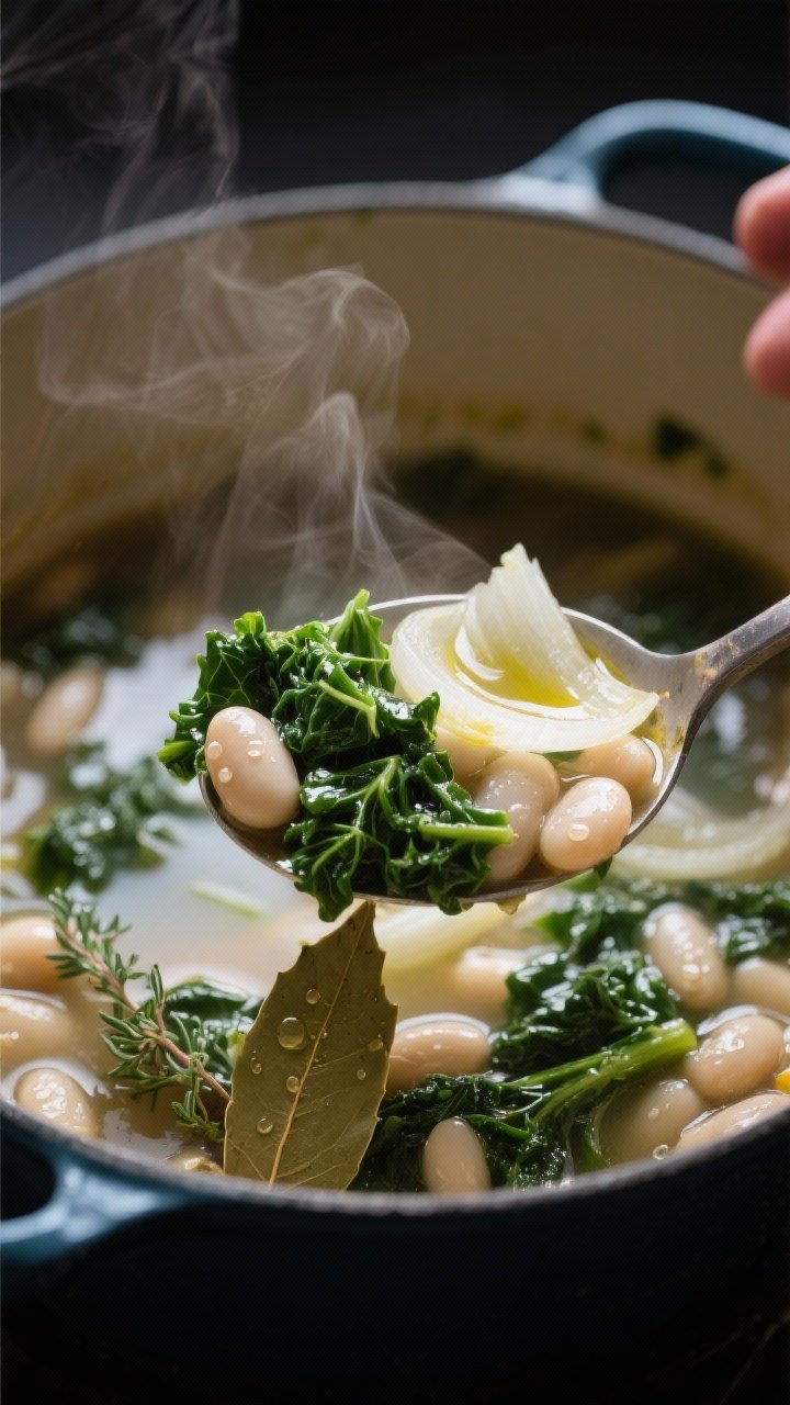 Close-up detail: A steamy ladleful of White Bean and Kale Soup mid-cook, showing silky sautéed garl