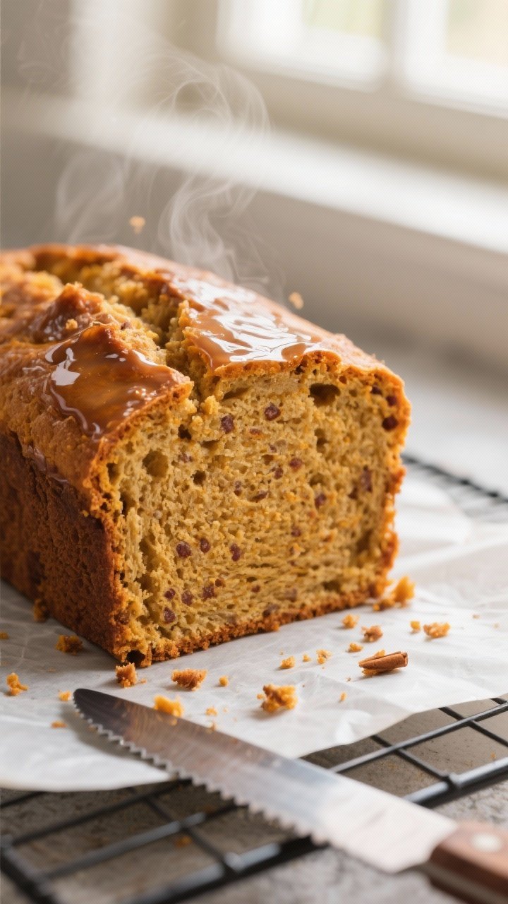Close-up detail: A thick slice of baked pumpkin bread just cut from the cooled loaf, showing a moist