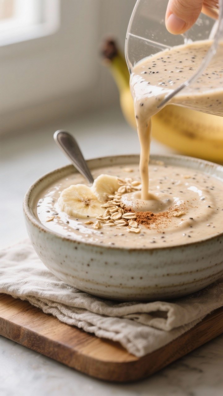 Close-up detail: A thick, spoonable Banana Apple Smoothie Bowl just after blending, being poured int