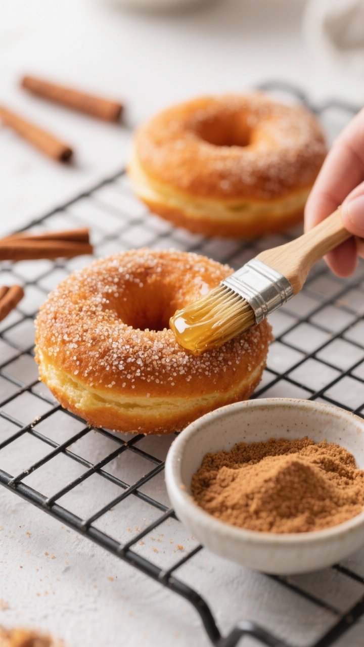 Close-up detail: A warm baked pumpkin donut being brushed with melted butter on a wire rack, then ro