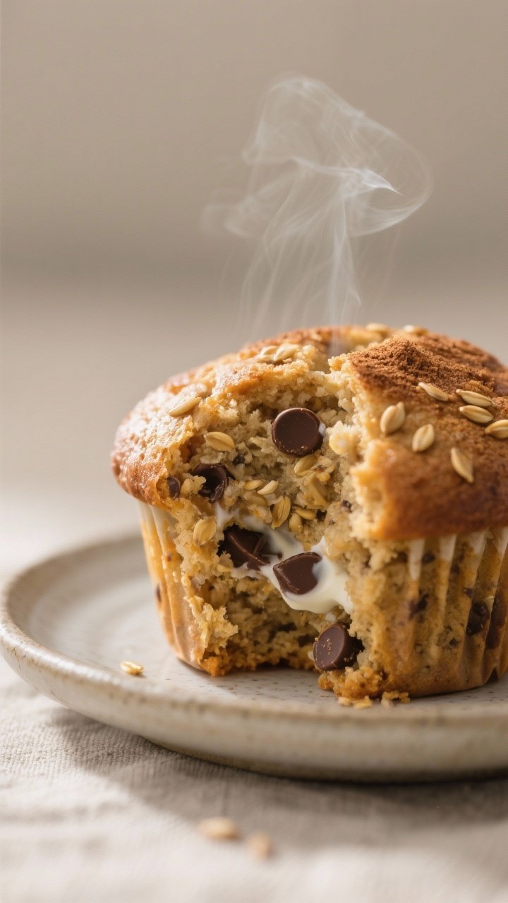 Close-up detail: A warm banana flaxseed muffin torn open to reveal a moist, tender crumb speckled wi