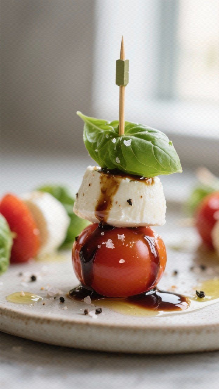 Close-up detail: Bite-sized Caprese salad skewers fully assembled and seasoned, showing a glossy dri