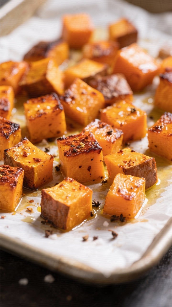 Close-up detail: Caramelized roasted butternut squash cubes just out of the oven, edges browned and 