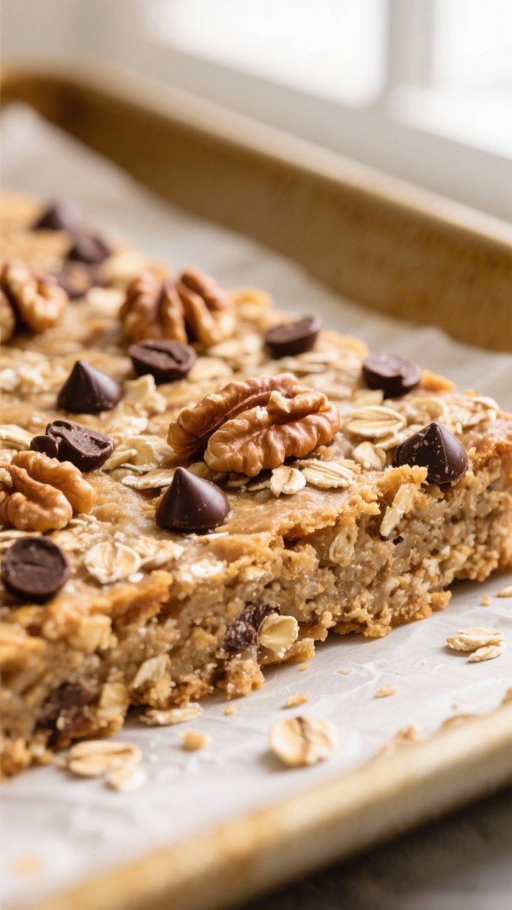 Close-up detail: Chewy Banana Oatmeal Breakfast Bar just out of the pan, edges golden and center set