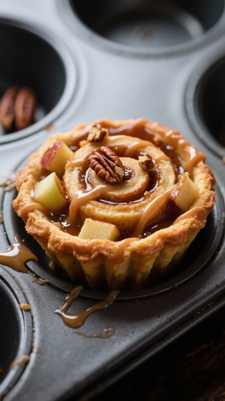 Close-up detail: Cinnamon Roll Apple Pie Cup just out of the muffin tin, golden-brown spiral crust f