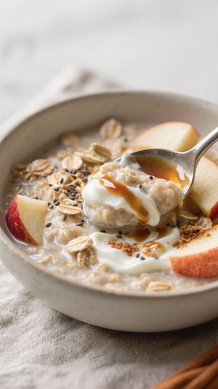 Close-up detail: Creamy apple cinnamon overnight oats after refrigeration, spoon scooping through th