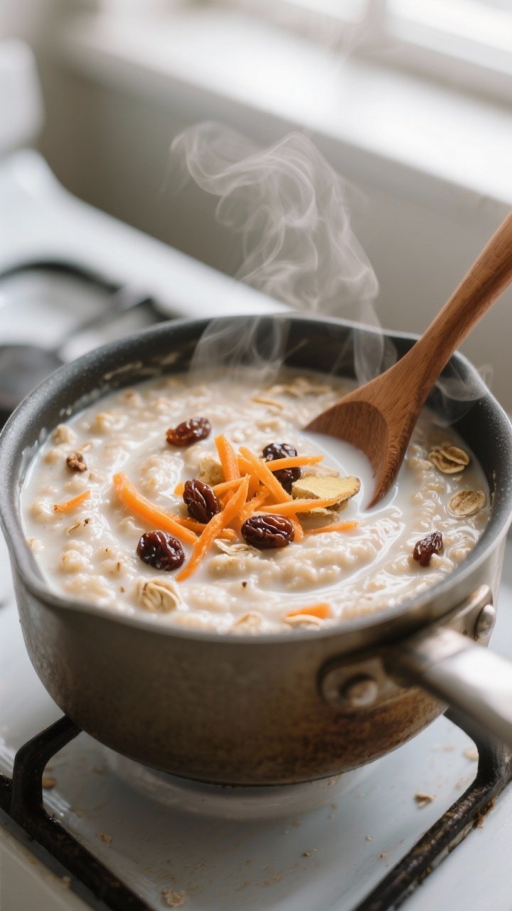 Close-up detail: Creamy carrot cake oatmeal just off the stove, swirled in a small saucepan as a woo