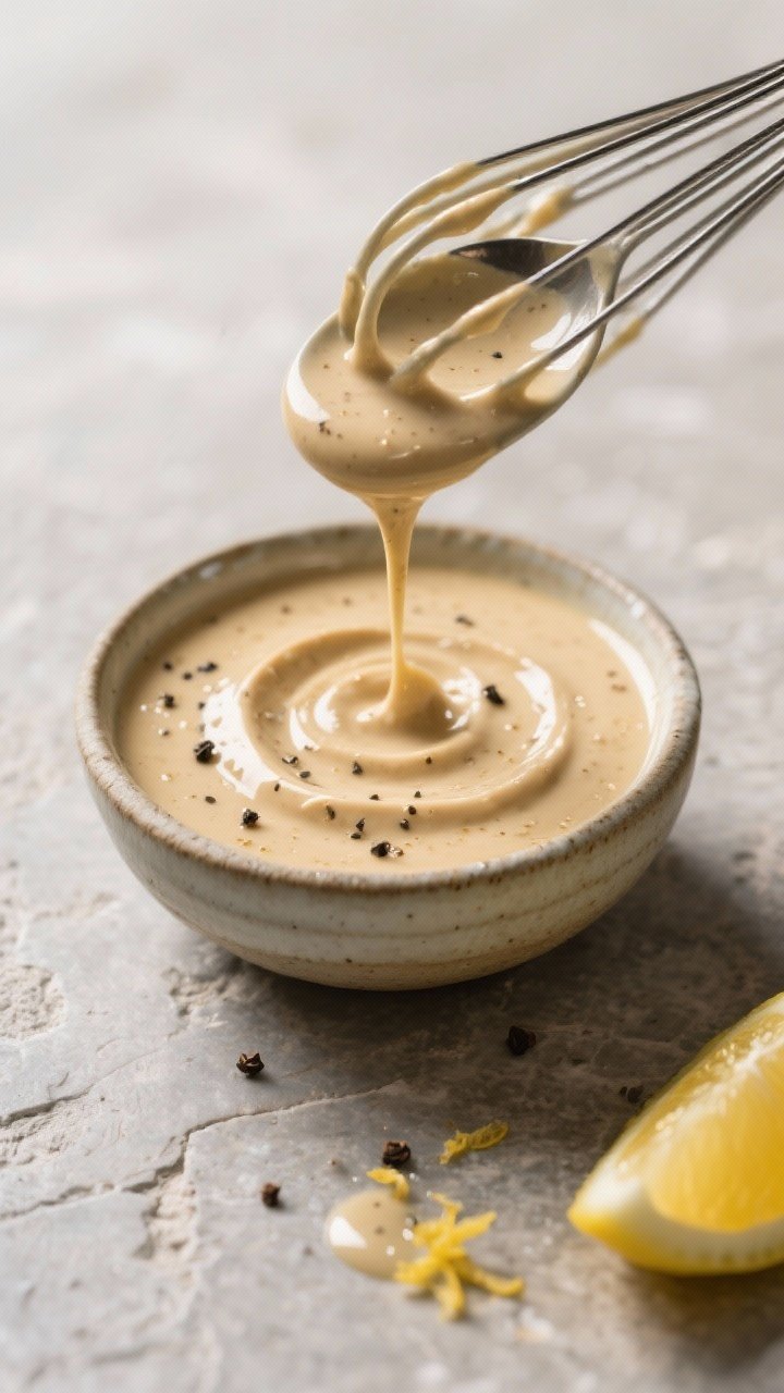 Close-up detail: Creamy lemon-tahini dressing mid-whisk in a small ceramic bowl—silky, pourable te