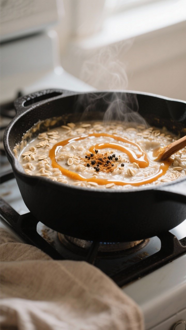 Close-up detail: Creamy pumpkin pie oatmeal mid-simmer in a matte black saucepan, oats visibly plump