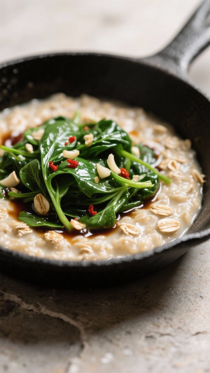 Close-up detail: Creamy savory rolled-oat porridge in a small skillet mid-simmer, glossy and thick w