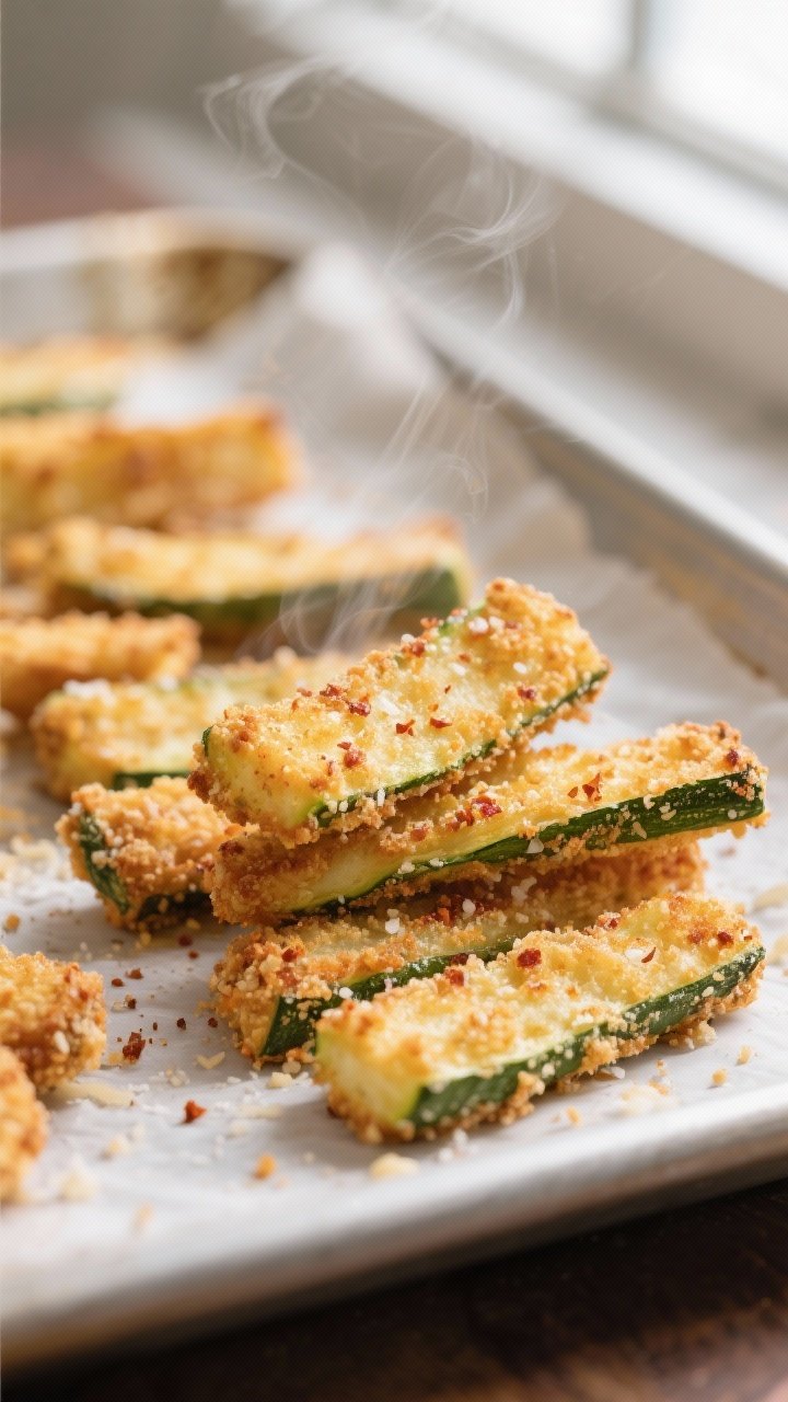Close-up detail: Crispy baked zucchini fries just out of the oven on a parchment-lined sheet pan, go