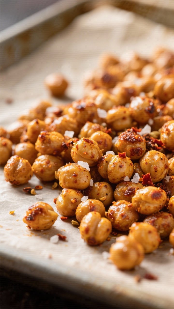Close-up detail: Crispy roasted chickpeas just out of the oven on a parchment-lined sheet pan, deepl