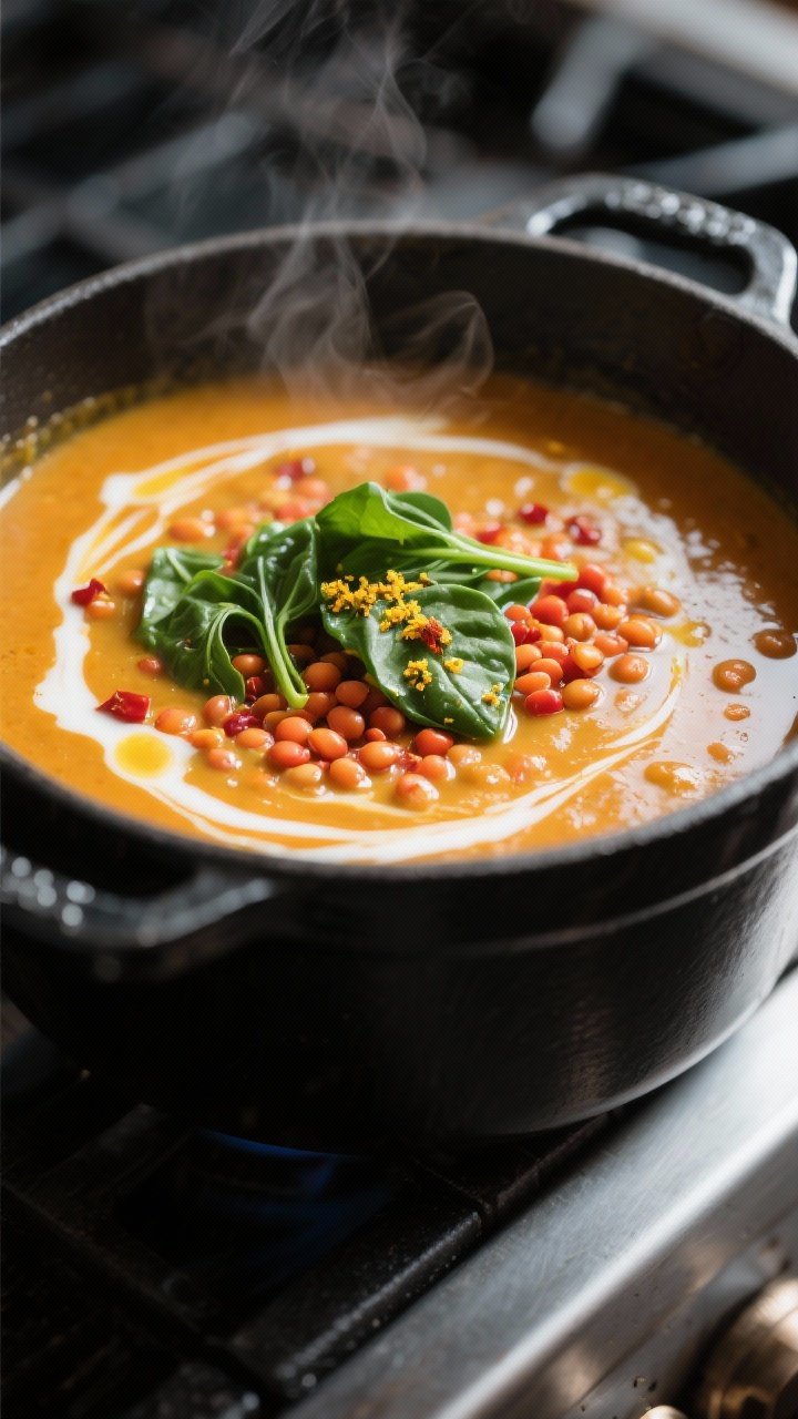 Close-up detail: Curried pumpkin lentil soup simmering in a matte-black Dutch oven, showing velvety