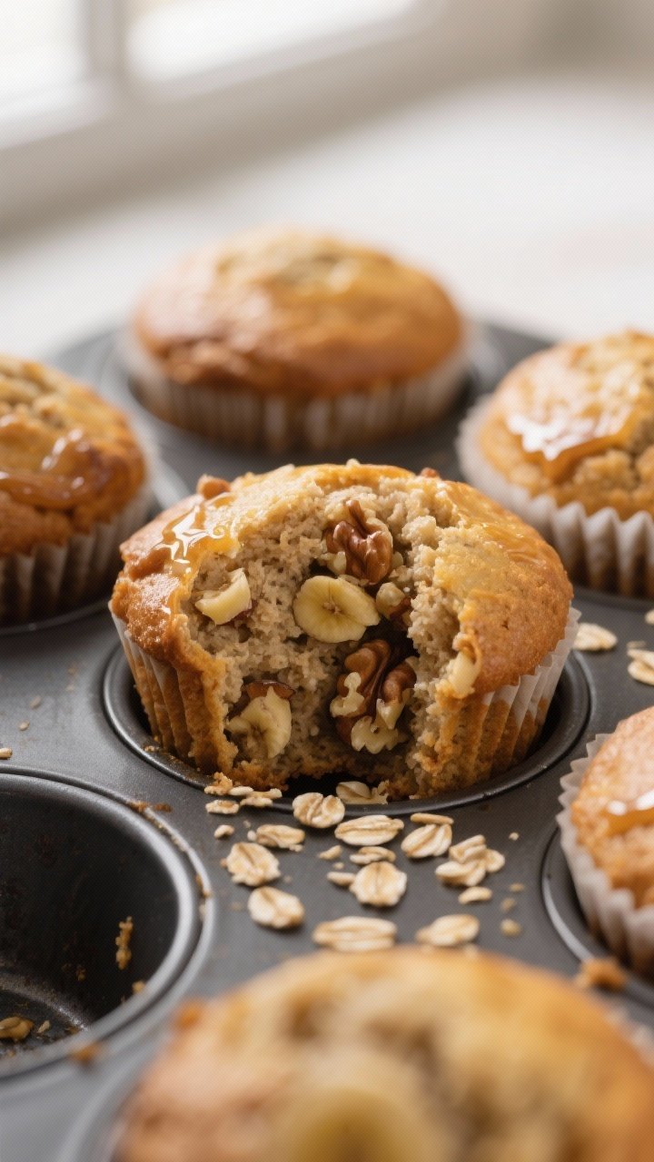Close-up detail: Freshly baked banana oat bran muffins just out of the oven, domed and golden with a