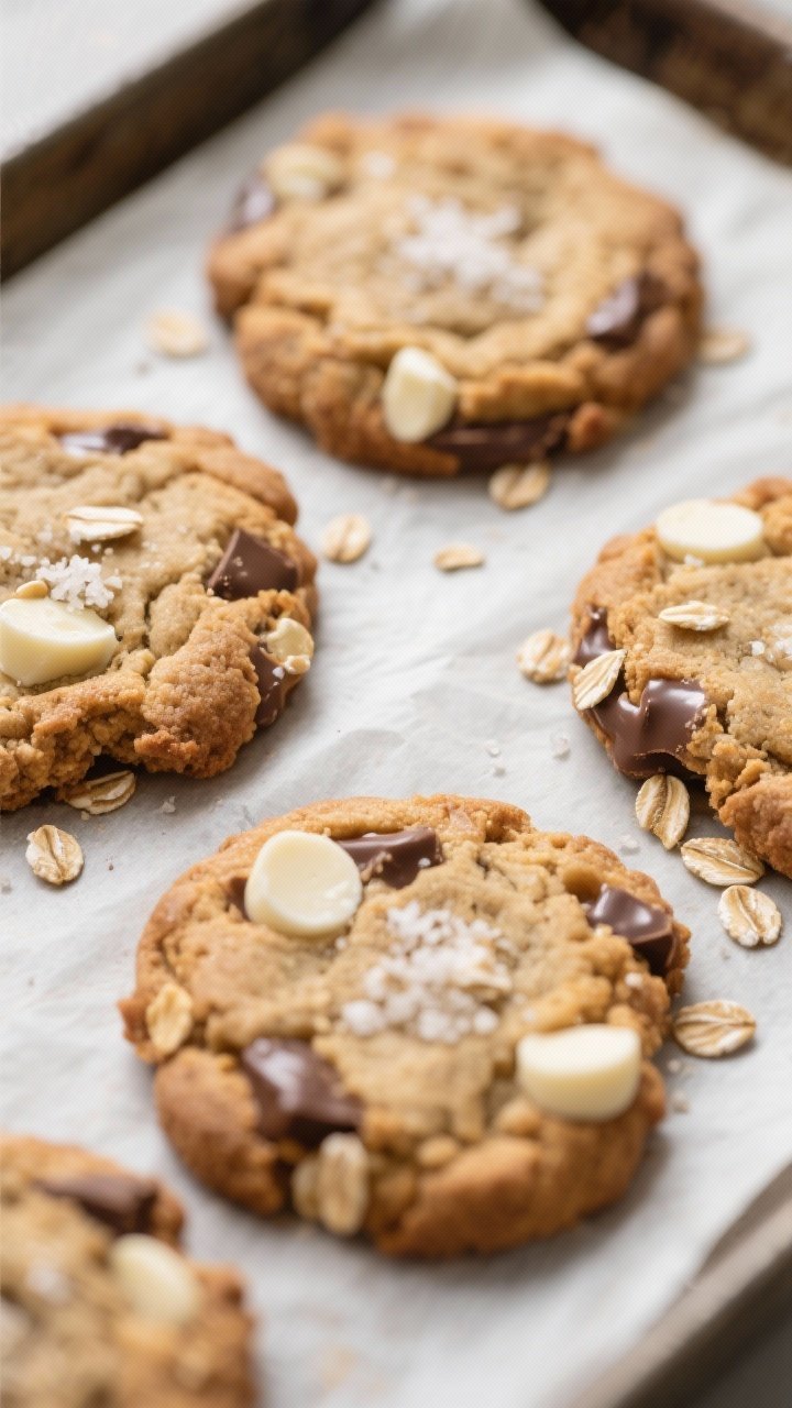 Close-up detail: Freshly baked chai-spiced oatmeal cookies just out of the oven on parchment-lined s