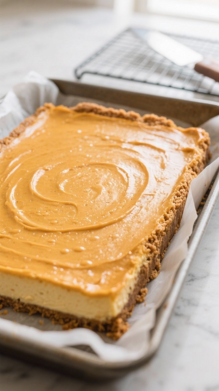 Close-up detail: Freshly baked pumpkin cheesecake bars cooling in a parchment-lined 9x13 pan, warm a