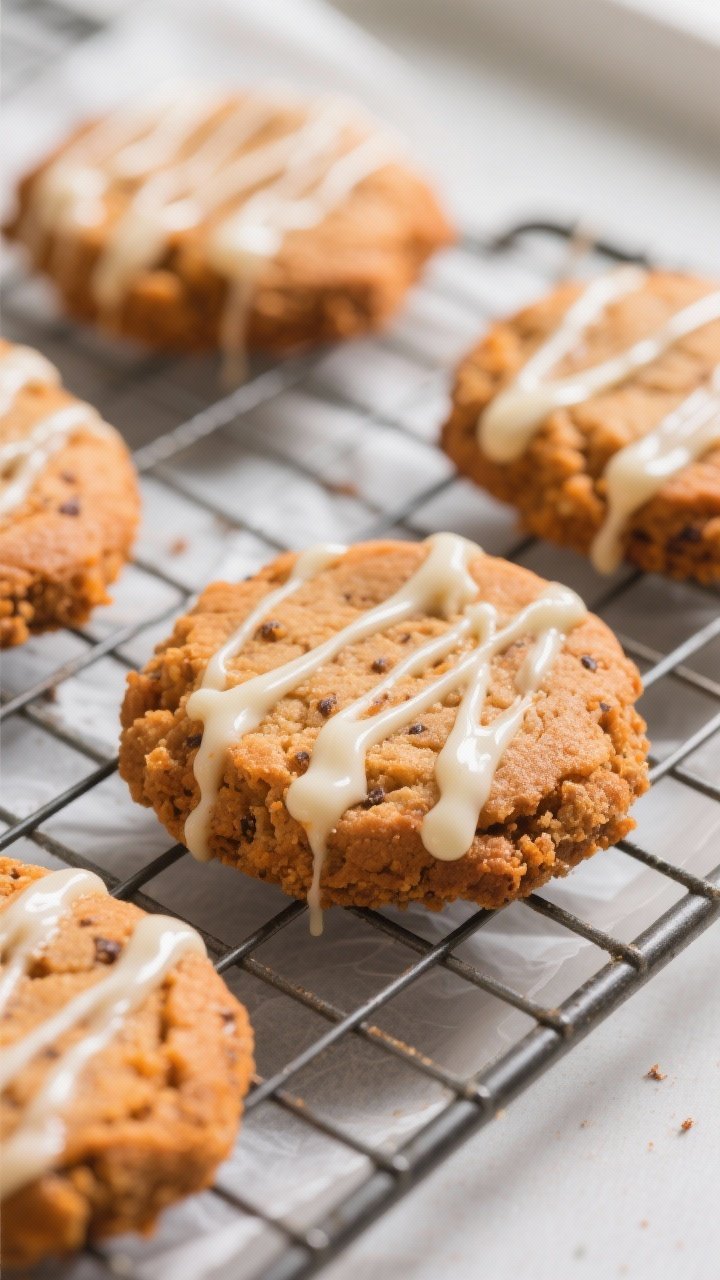 Close-up detail: Freshly baked pumpkin pie cookies cooling on a wire rack, edges lightly crisp with