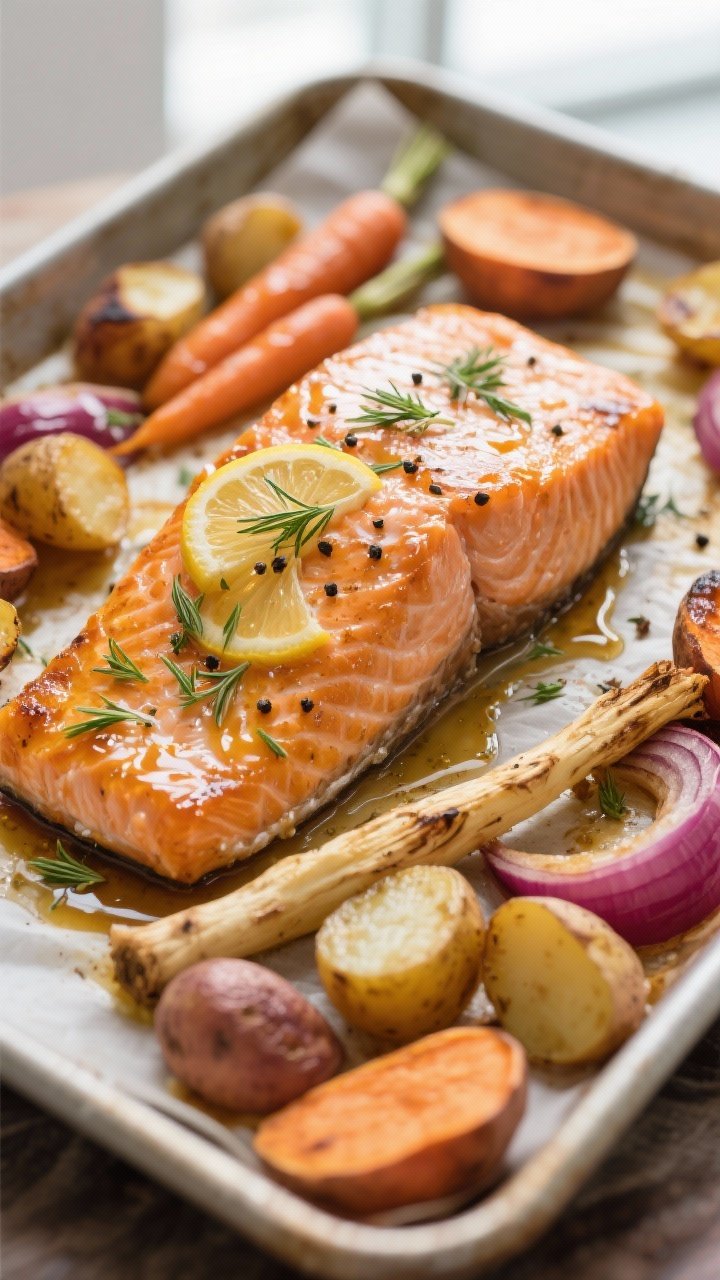 Close-up detail: Glazed salmon fillet just out of the oven on a sheet pan, skin-side down with light