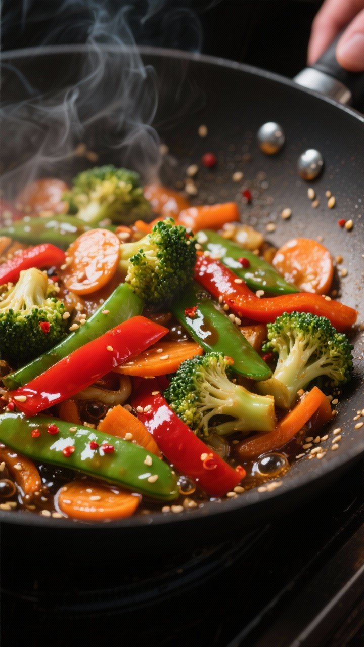 Close-up detail: Glossy veggie stir-fry sizzling in a wok at medium-high heat, showing crisp-tender