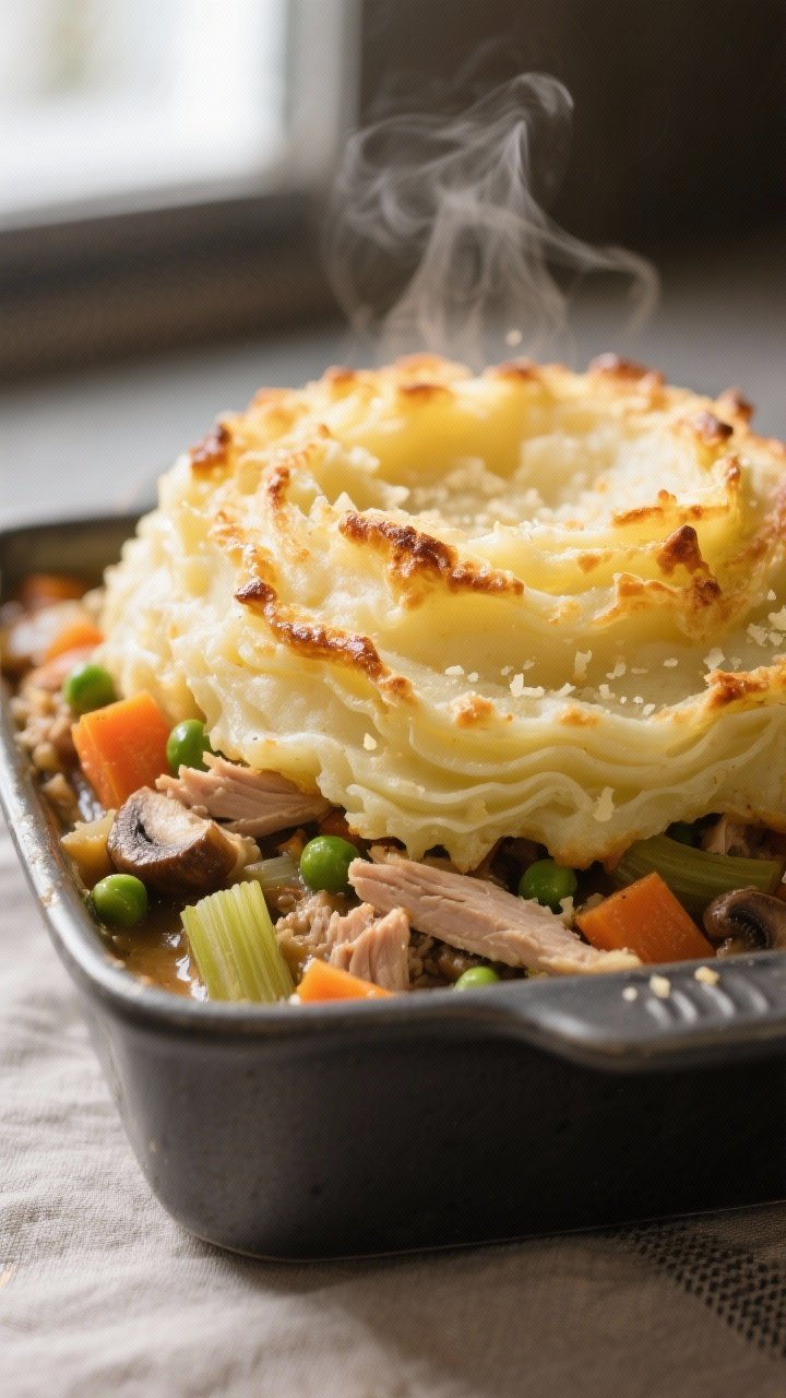 Close-up detail: Golden-broiled mashed potato crown on Turkey and Vegetable Shepherd’s Pie, showin