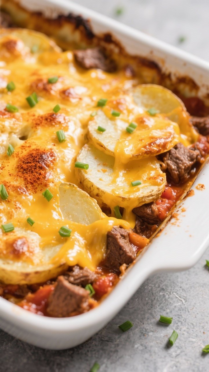 Close-up detail: Golden, bubbling cheddar crust on a baked beef and potato casserole, edges carameli