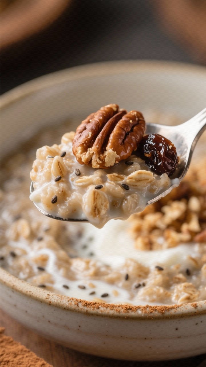 Close-up detail – Luscious spoonful moment from the finished bowl: a heaping spoon lifting creamy 