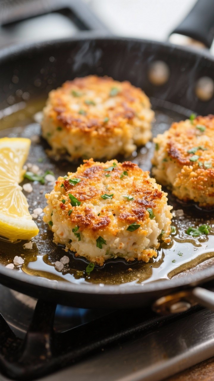 Close-up detail: Mini crab cakes sizzling in a skillet during pan-sear, deep golden crust forming wi