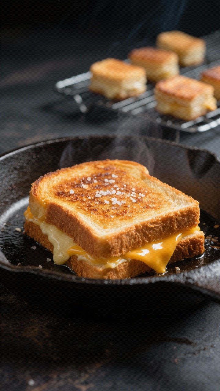 Close-up detail: Mini grilled cheese sizzling on a cast-iron skillet, golden-brown crust with visibl