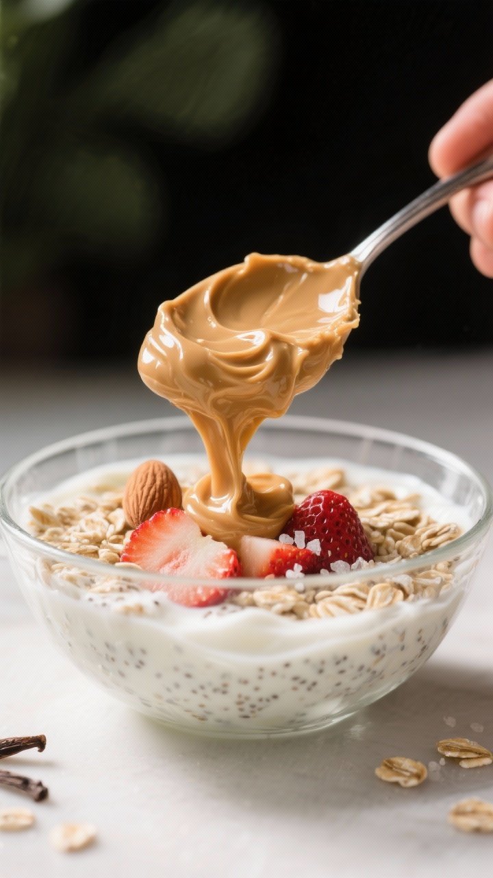 Close-up detail of the “mix-in” moment: a spoon lifting a glossy swirl of warmed almond butter t
