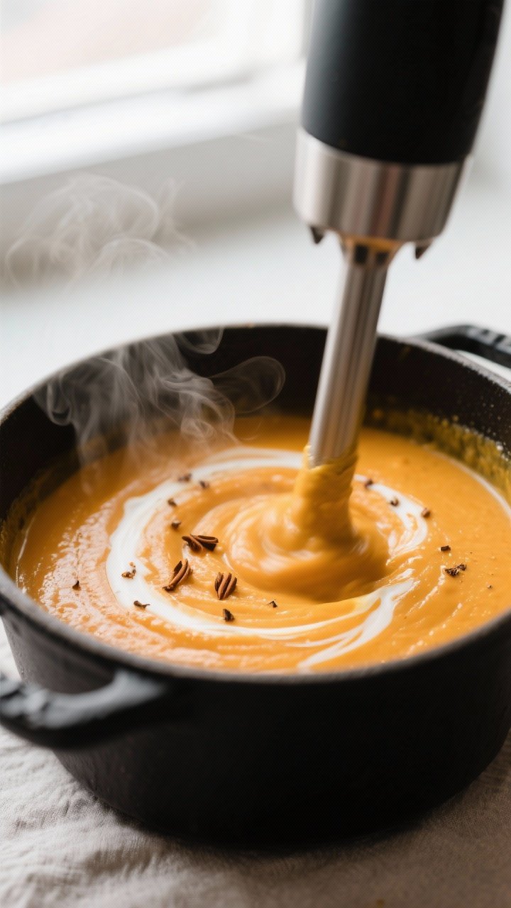 Close-up detail of ultra-creamy pumpkin soup being blended to velvet in a pot with an immersion blen