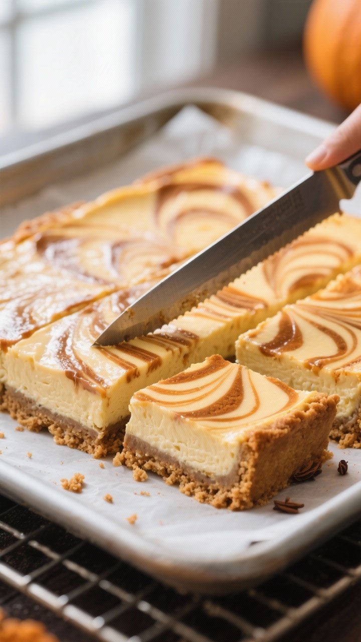 Close-up detail: Pumpkin cheesecake bars just out of the fridge being sliced on a parchment-lined 9x