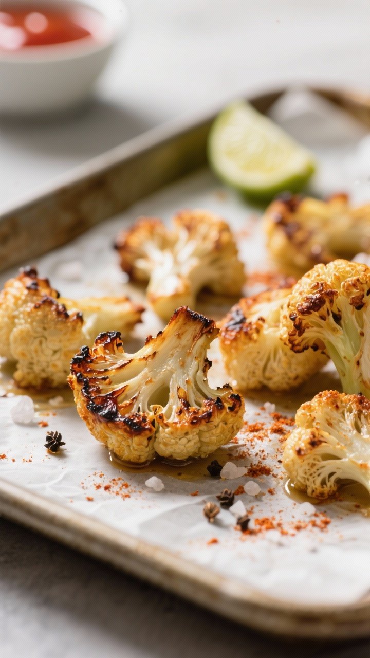 Close-up detail: Roasted cauliflower florets fresh from the oven with crispy, caramelized edges and 